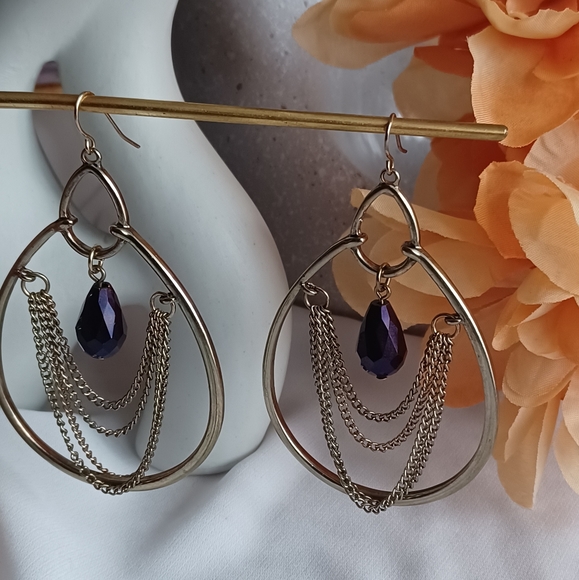 Tear Drop Hoop and Chain Earrings - Picture 4 of 6